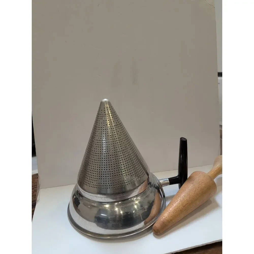 Vintage Cone Colander Strainer Sieve Aluminum With Wood Pestle‎ Vintage